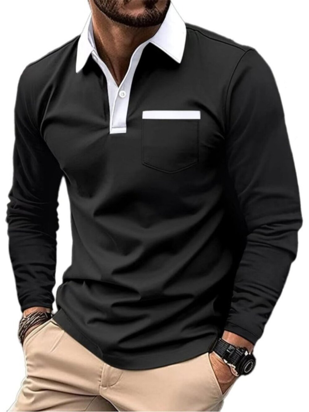 Men's Black Casual Polo Shirts Classic Short Sleeve Fashion Button Pocket